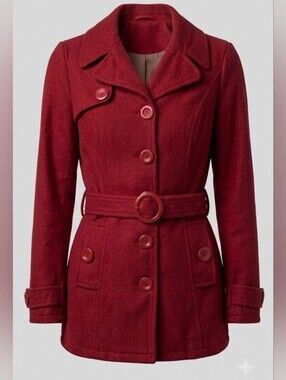 Cherry Red Wool-Blend Mid Length Belted Waist Structured Collar Peacoat Jacket S